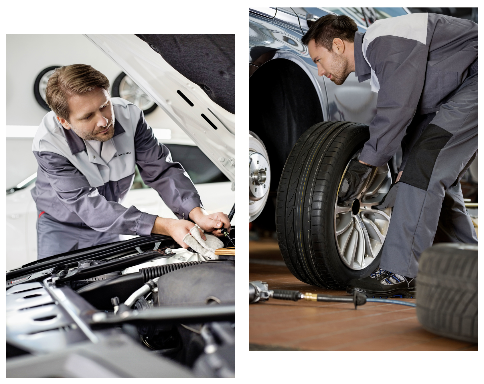 Two images of cars being serviced by mechanics in a workshop.