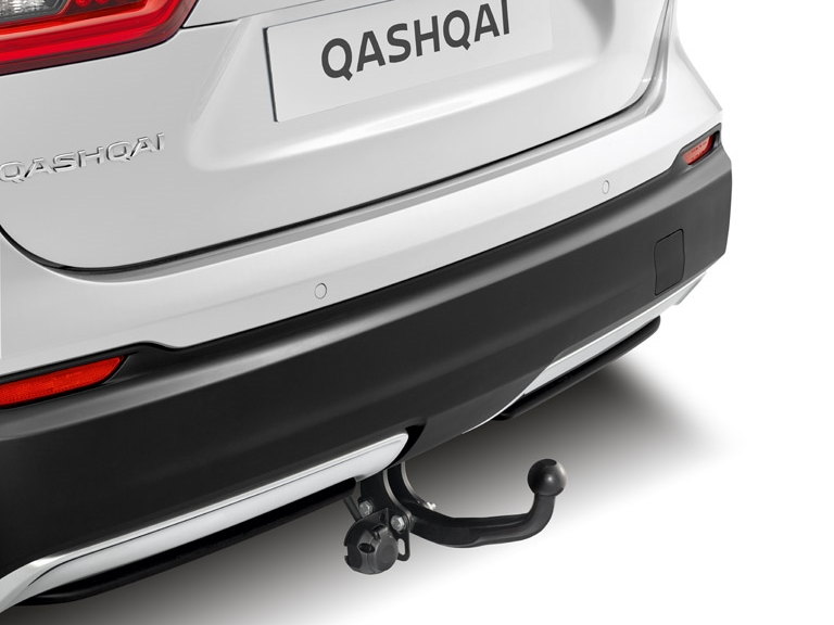 Rear view of a Nissan Qashqai fitted with a tow bar hitch for towing trailers.