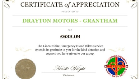 Drayton Motors Kia Grantham - supporting Lincolnshire Blood Bikes