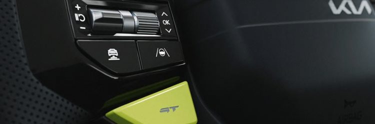 Close-up of the Kia EV9 GT Steering Wheel with the GT mode feature.