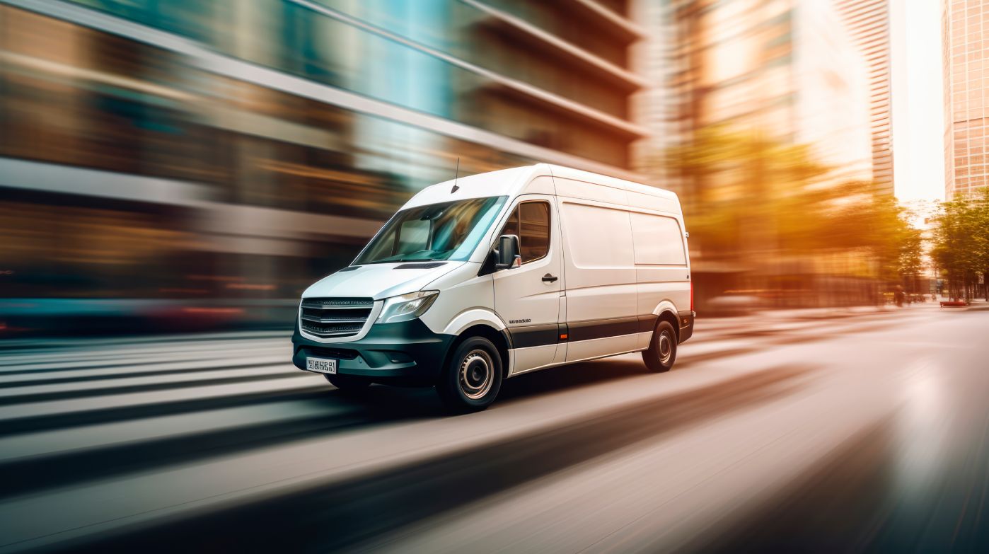 White panel van driving on an urban road, suitable for business use and regular servicing needs.
