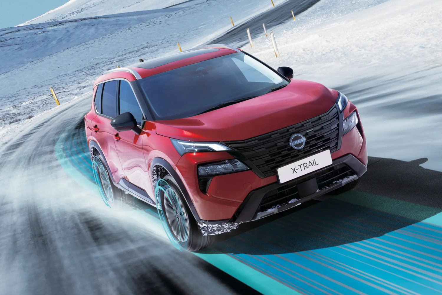Red New Nissan X-Trail driving on road with snow
