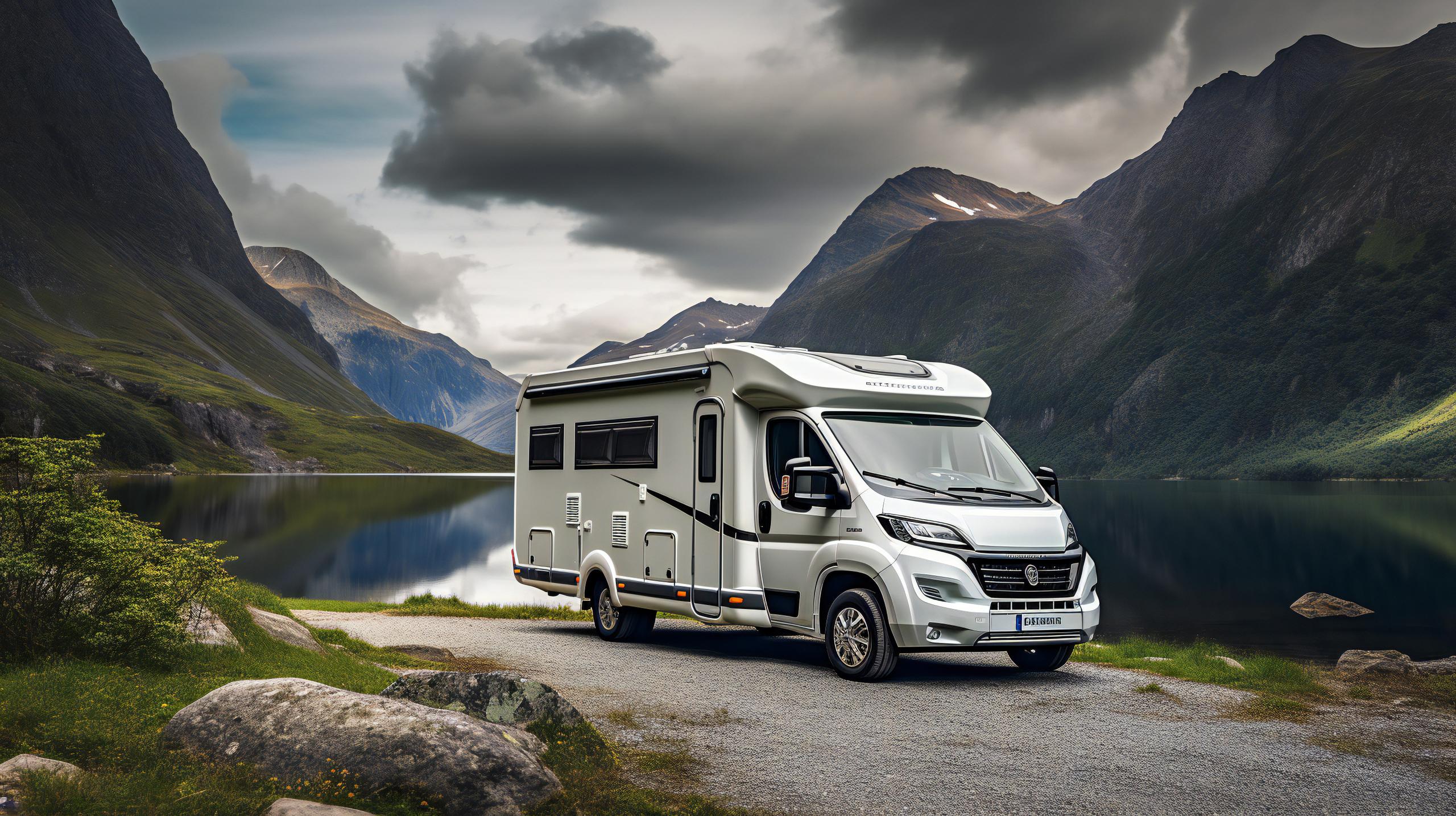 Camper van parked in an outdoor setting with mountains and a lake in the background.