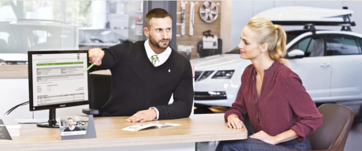 Salesmen showing display to customer