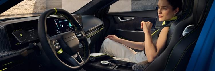 Close-up of Kia EV6 GT Steering Wheels And Front seats.